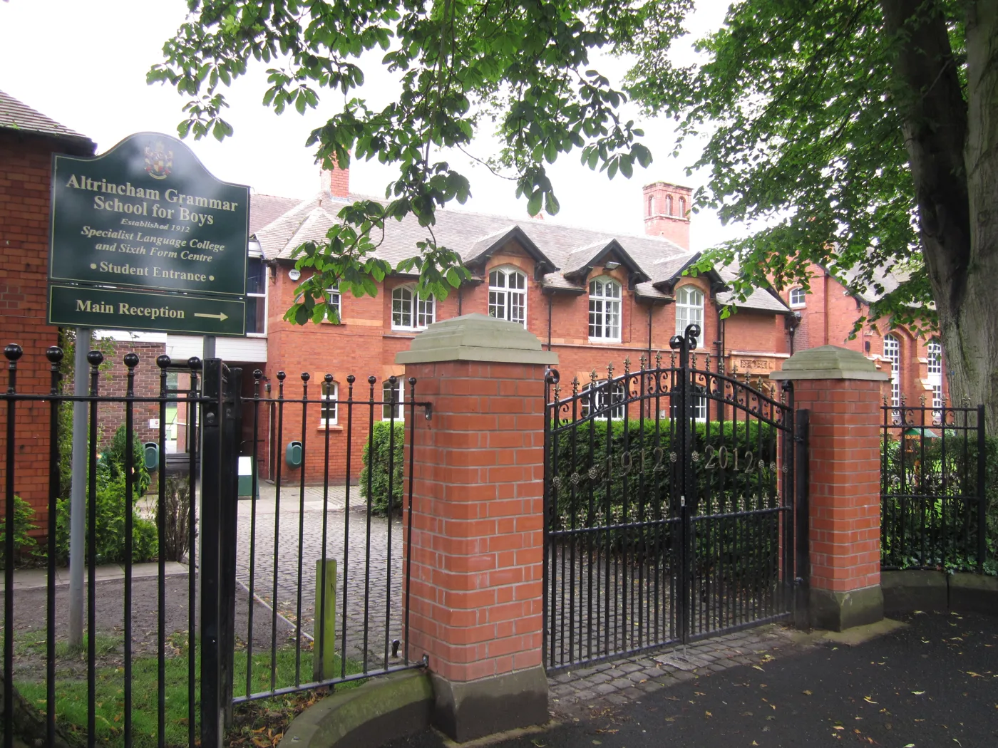 The student entrance and 1912 to 2012 gates at Altrincham Grammar School for Boys, Marlborough Road, Bowdon