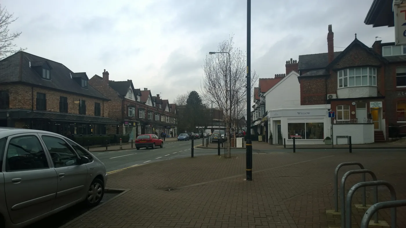 Ashley Road, the main shopping street in Hale. The Islamic Cultural Centre is a few minutes away on Grove Lane