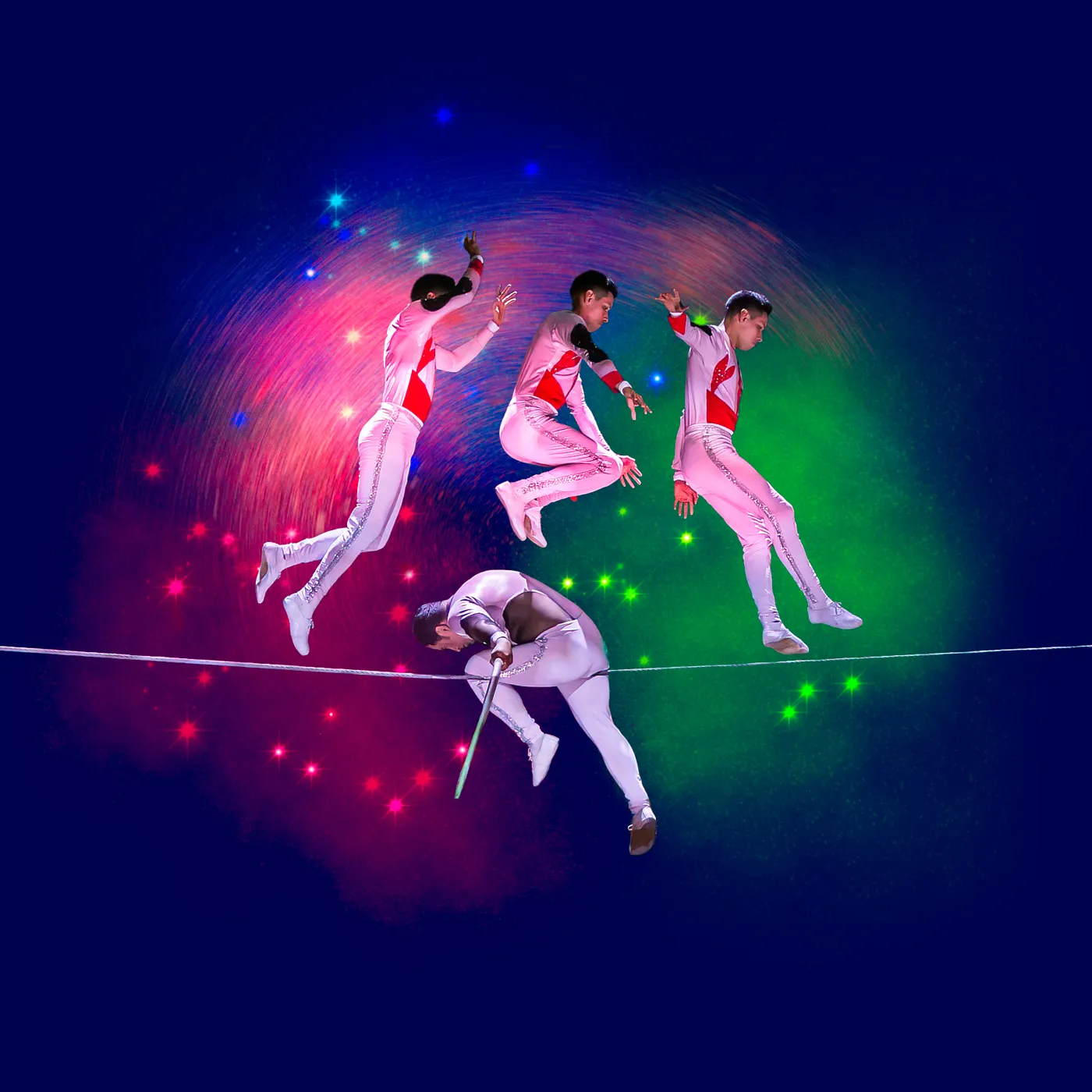 A tightrope walker with a balancing pole, with drawn ghosts, bats and a neon frame