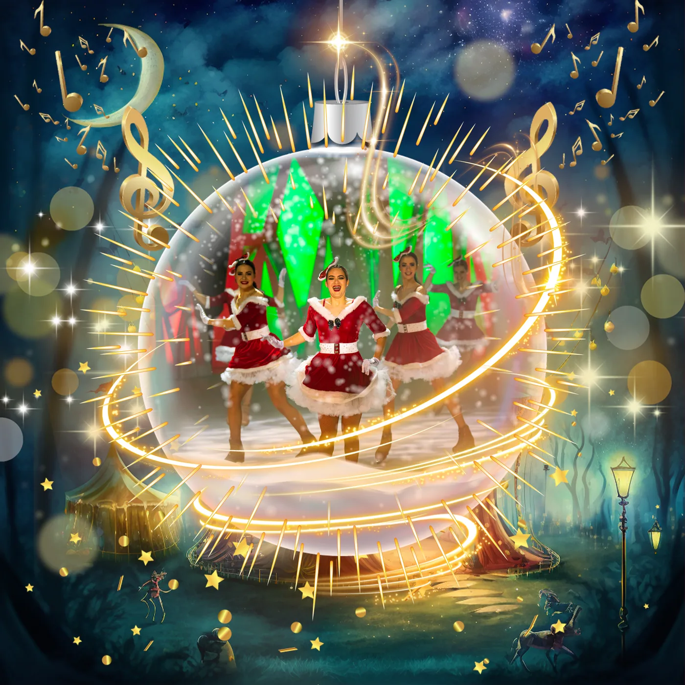 Skaters in Santa costumes inside a giant glass bauble, in an illustrated promotional image