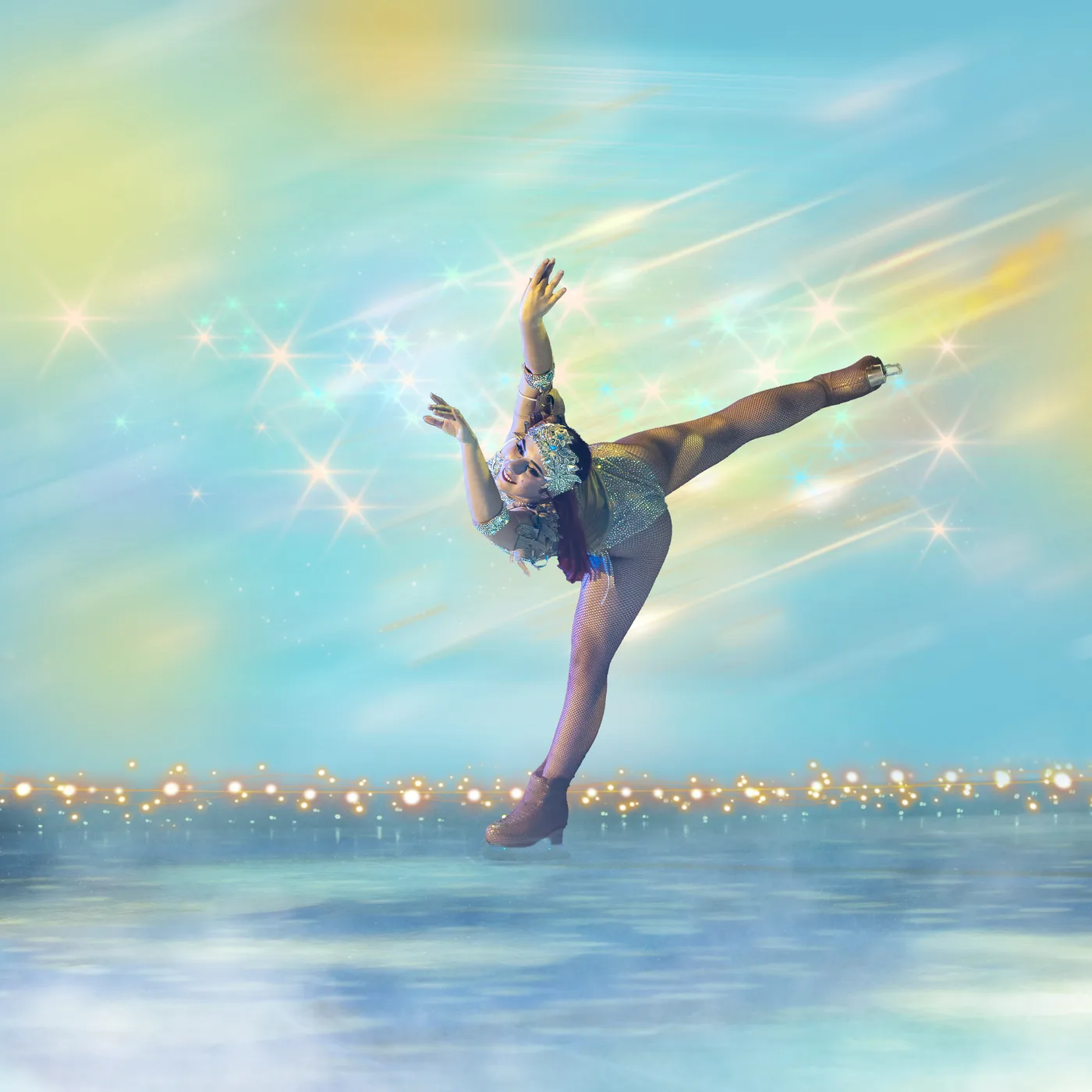 A skater in an arabesque against a pale blue sky effect